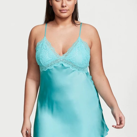 Victoria's Secret Other - Victoria's Secret Lace Plunge Open-Back Slip - Cool Aqua - L - NWT